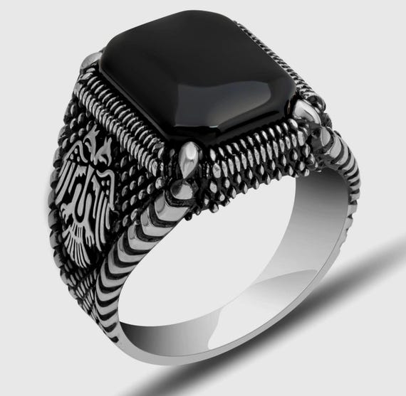 925 Silver Double Headed Eagle Onyx Men Ring