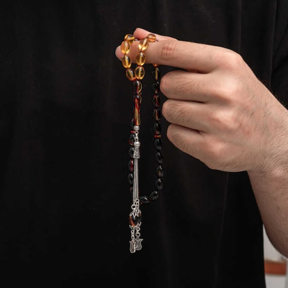 Silver Tassel Pressed Amber Prayer Beads Handmade Misbaha Tasbih