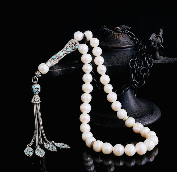 Natural Pearl Misbaha with 925 Sterling Enamel Silver Tassel