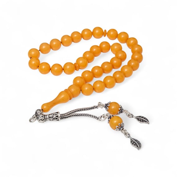 Handmade Yellow Round Pressed Amber Misbaha with Silver Tassel | 33 Beads Islamic Prayer Beads