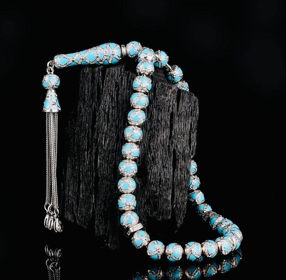 925 Sterling Silver Misbaha – Turquoise Enamel with Zircon – 7.5 mm