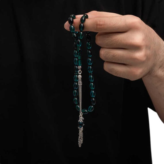 Silver Tassel Pressed Amber Prayer Beads Handmade Turkish Tasbih