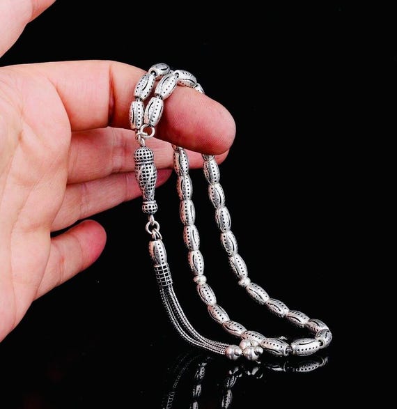 925 Sterling Silver Zulfiqar Sword Tasbih - Barley Cut Fusion, 33 Beads