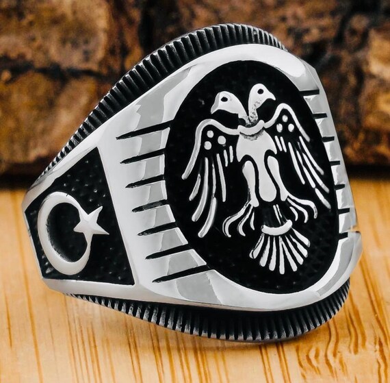 925 Sterling Silver Men’s Ring with Double-Headed Seljuk Eagle – 8.8 g