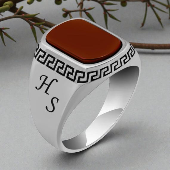 925 Sterling Silver Men’s Ring with Red Agate Stone & Custom Initials – Greek Motif Design