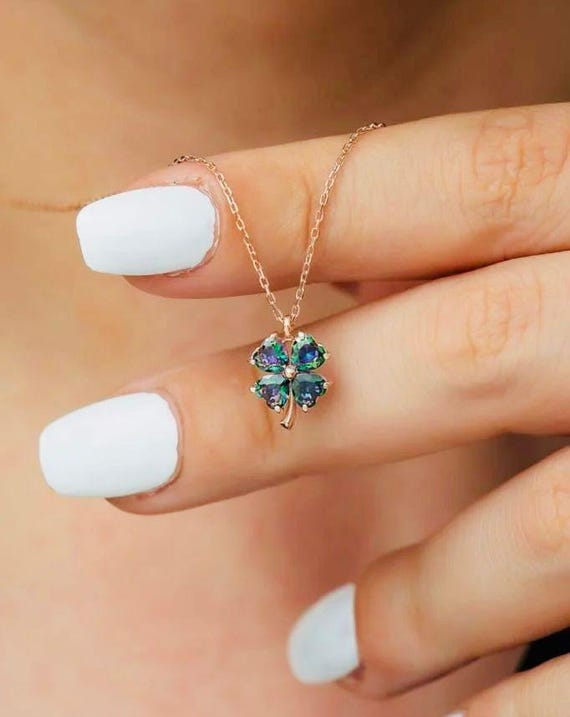 925 Mystic Topaz Clover Necklace: Rose Gold Sterling Silver Heart Detail