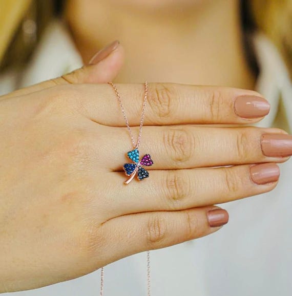 925 Sterling Silver Four Leaf Clover Necklace: Colorful Zircon Lucky Pendant
