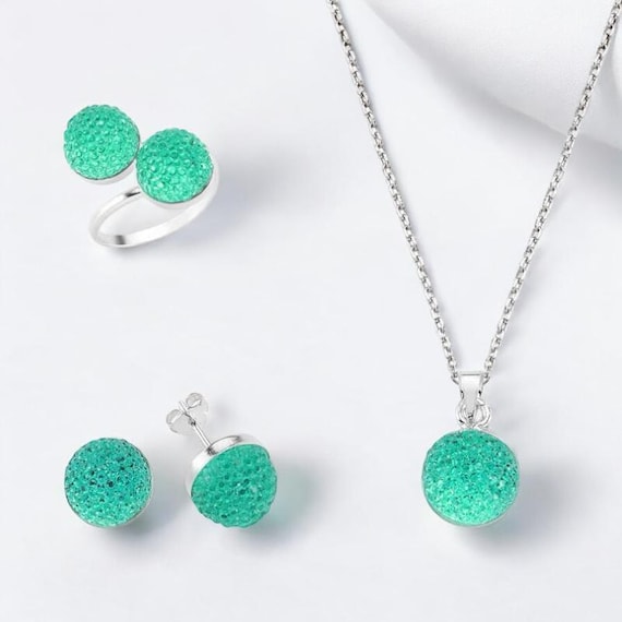 Green Crystal Sterling Silver Jewelry Set  Adjustable Women’s Set with