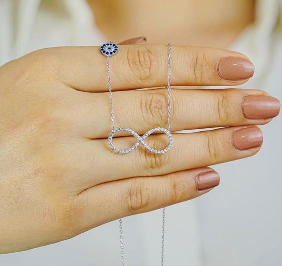 925 Sterling Silver Infinity Necklace with Evil Eye and Zircon Stones