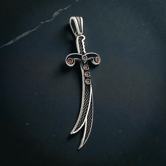 925 Sterling Silver Red Stone Zulfiqar Sword Pendant