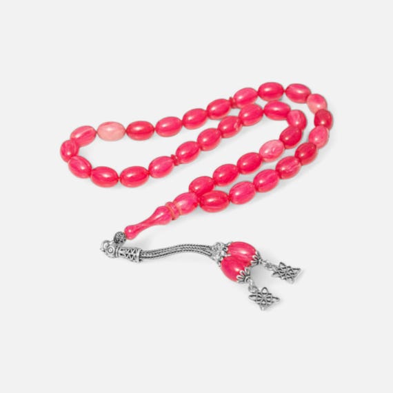 Pink Misbaha Amber Prayer Beads – with Silver Tassel – Capsule Cut – Handmade