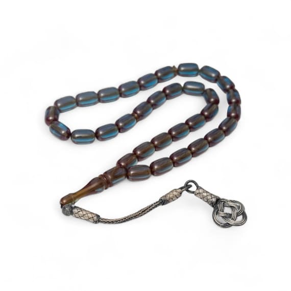 Blue Capsule Amber Misbaha with 925 Silver Kazaz Tassel – Handmade Islamic Prayer Beads Tesbih