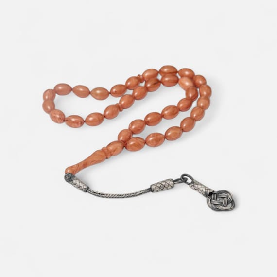 Handmade Silver Kazaz Tassel Brown Pressed Amber Misbaha – 33 Beads Islamic Prayer Beads