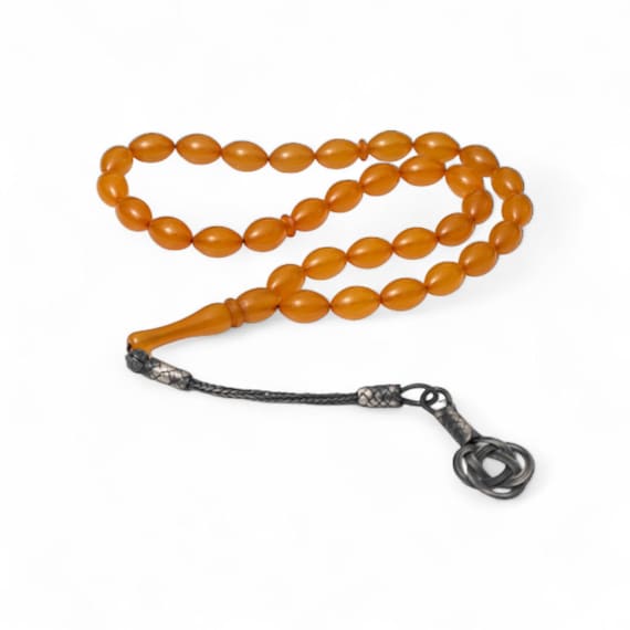 Handmade Orange Pressed Amber Worry Beads 925 Silver Kazaz Tassel Misbaha Gift for Men