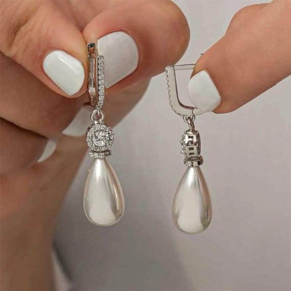Handmade Sterling Silver Dangle Pearl Earrings, Rhodium Plated