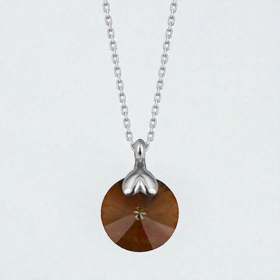 Crystal Brown Stone Pendant Necklace • 925 Sterling Silver Chain • Gift for Her