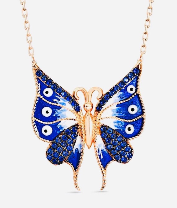 925 Rose Gold Plated Sterling Silver Butterfly Necklace: Evil Eye Zircon Accent