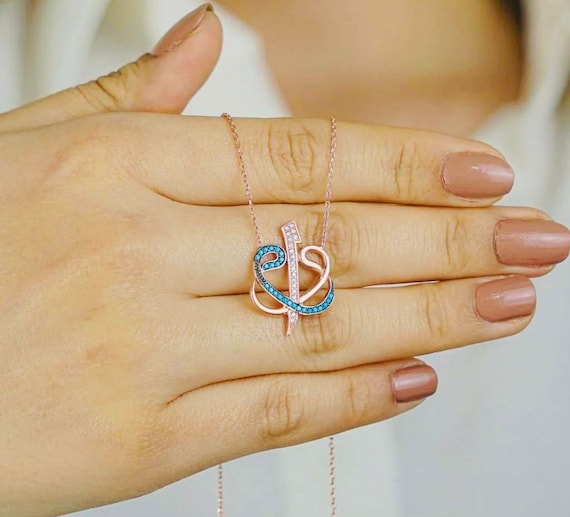 925 Sterling Silver Double Vav Elif Necklace with Turquoise, Zircon & Nano Stones