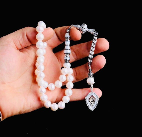 Pearl Misbaha with Silver Ayyildiz Enamel Tassel – 10 mm Beads & Nakkash Imame