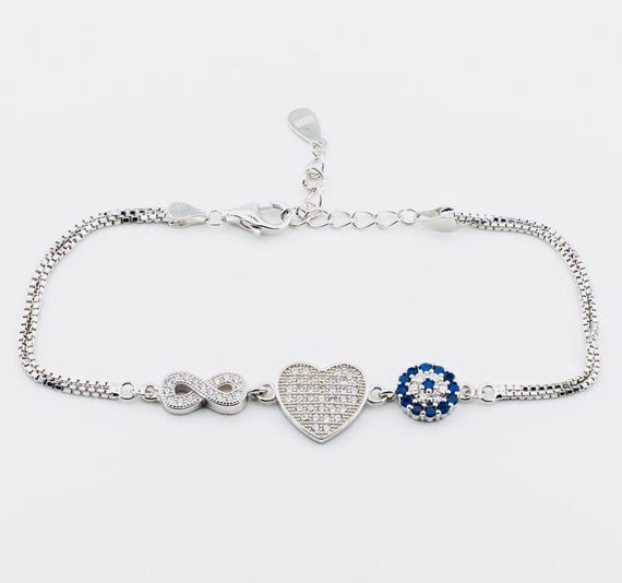 925 Sterling Silver Evil Eye Infinity Heart Bracelet