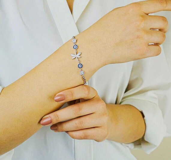 925 Sterling Silver Dragonfly & Flower Bracelet with Evil Eye Detail – 20 cm
