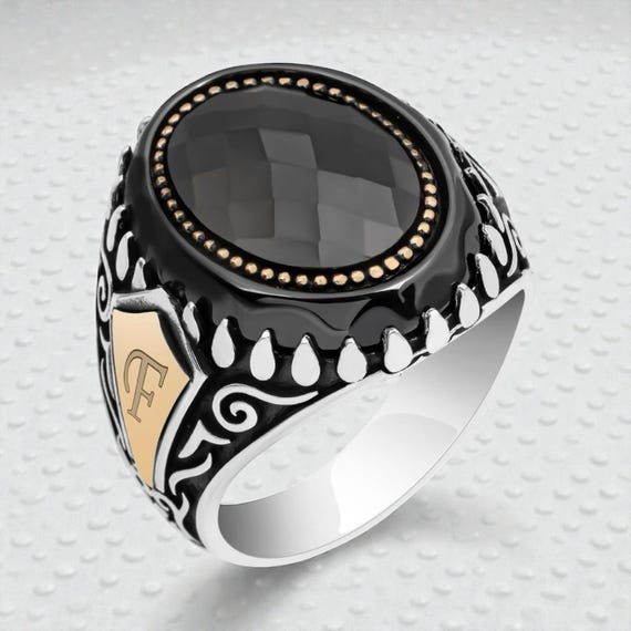 925 Silver Men’s Ring with Black Oval Stone & Custom Initial