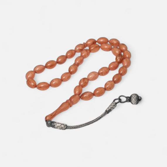 Silver Top Kazaz Tassel Pressed Amber Misbaha – Handmade Prayer Beads 30 cm