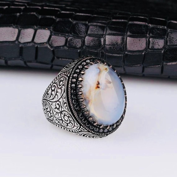 925 Sterling Silver Men’s Ring with Yemen Agate Stone & Pen Motif