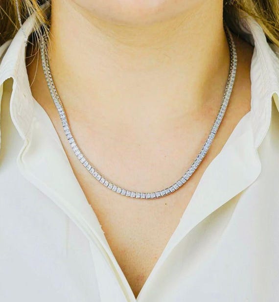 925 Sterling Silver Tennis Necklace: Square Diamond Style Chain, 50cm