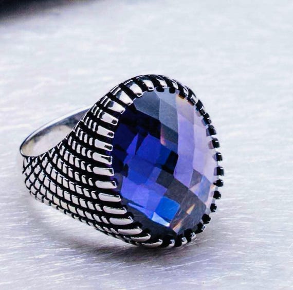 925 Sterling Silver Men’s Ring with Amethyst Purple Zircon Stone