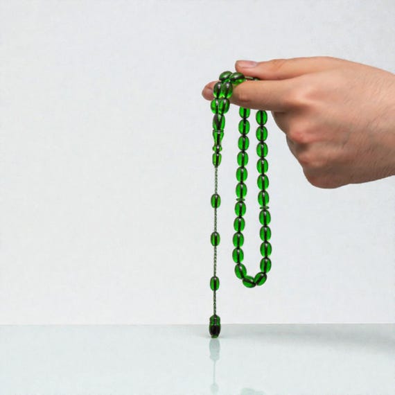 Green Pressed Amber Prayer Beads Handmade Islamic Tasbih 34 cm