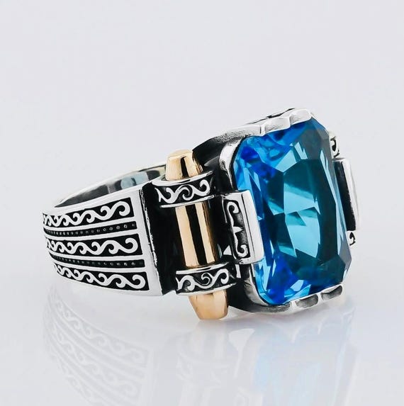 925 Sterling Silver Men’s Ring with Aquamarine Stone
