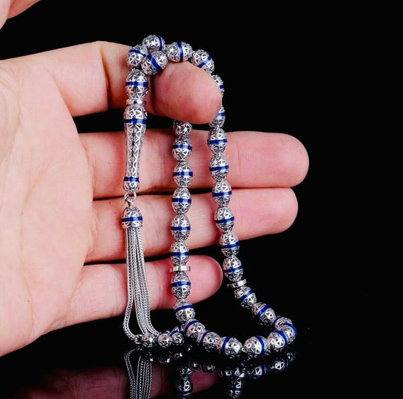 925 Sterling Silver Blue Enamel Misbaha – Oval Cut  – 6.5x8.5 mm