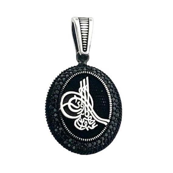925 Sterling Silver Pendant with Ottoman Tughra Design and Black Stone – 5.75 g