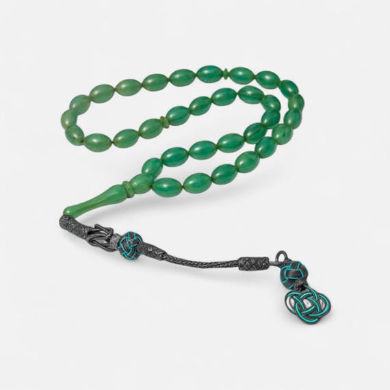 Handmade Green Pressed Amber Misbaha with Silver Kazaz Tassel – 31 cm – 18g