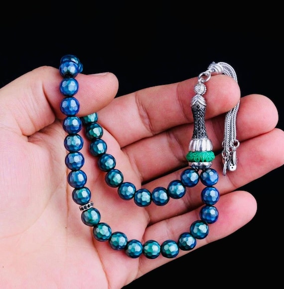 925 Sterling Silver Misbaha – Zircon Inlaid – Color Changing Mood Stone – 8 mm – 24 cm