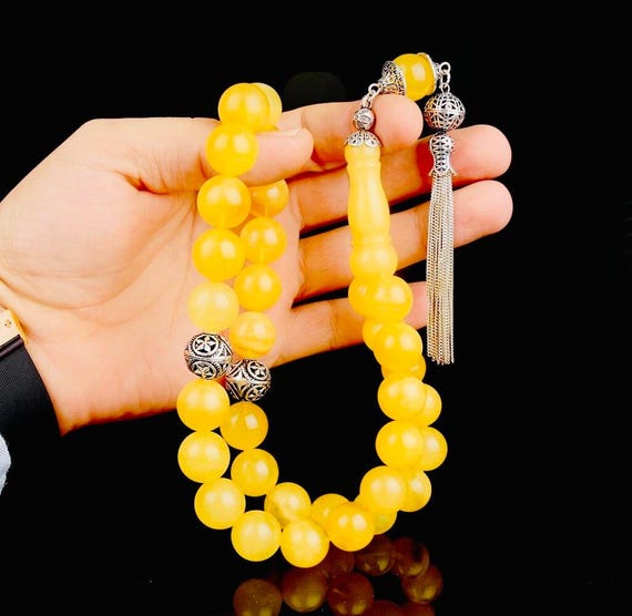 Large 15 mm Genuine Amber Misbaha with 925 Sterling Silver Tassel