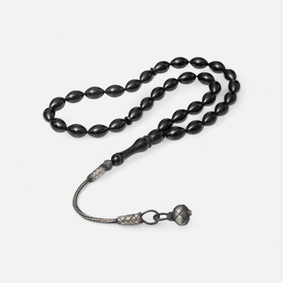 Handmade Black Pressed Amber Misbaha – 925 Silver Kazaz Tassel – Islamic Prayer Beads