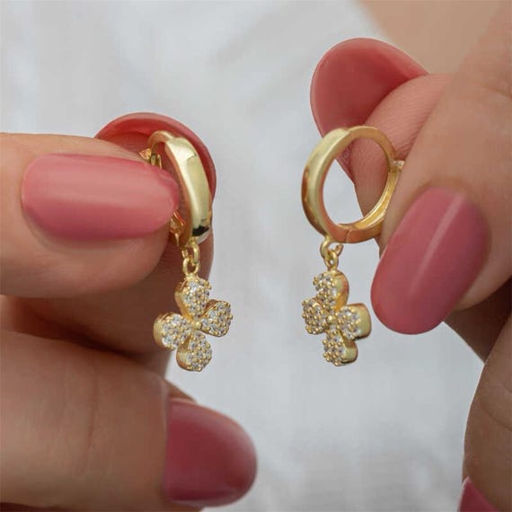 Gold Clover Dangle Earrings for Women 925 Sterling Silver Handmade Lucky Earrings