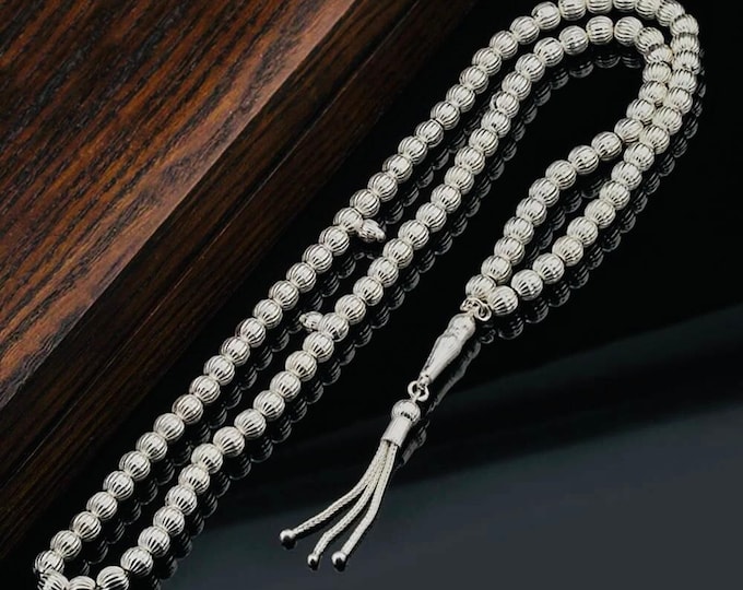 Featured listing image: 925 Sterling Silver Misbaha – 99 Beads – Striped Design – 6 mm