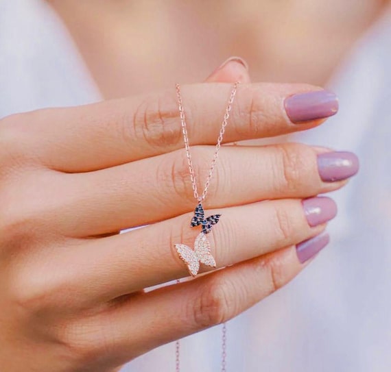 925 Sterling Silver Double Butterfly Necklace – Rose Gold Plated
