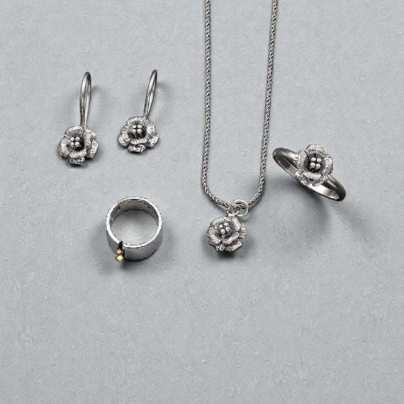 Sterling Silver Rose Jewelry Set 925 Silver Necklace Earrings Ring