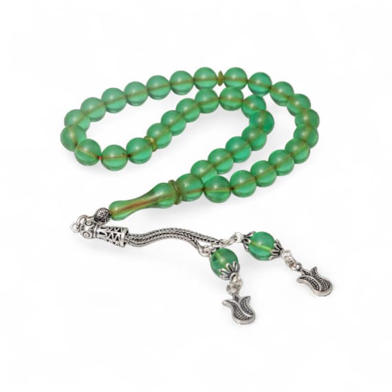 Green Amber Prayer Beads with Silver Tassel | Handmade Islamic Misbaha | Gift Tesbih