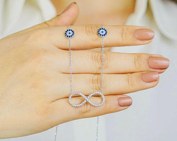 925 Sterling Silver Infinity Necklace with Evil Eye and Zircon Stones