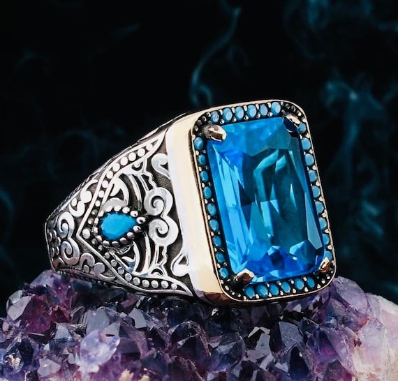925 Sterling Silver Men’s Ring with Blue Zircon & Nano Stones – 13.70 g
