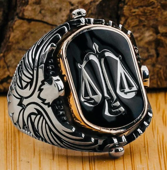 925 Sterling Silver Double-Sided Men’s Ring – Justice Scales & Eagle Motif with Black Onyx