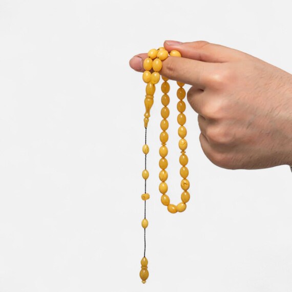 Handmade Pressed Amber Tasbih – Yellow Islamic Prayer Beads, 33 cm Men Gift