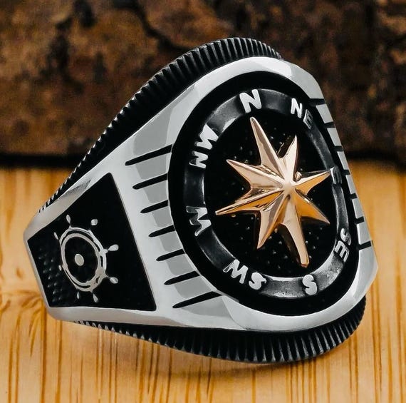 925 Sterling Silver Men’s Ring with Compass, Wheel & Anchor Design – 8.4 g