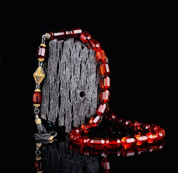 Faceted Double Tone Tea Color Amber Misbaha with Silver Tassel