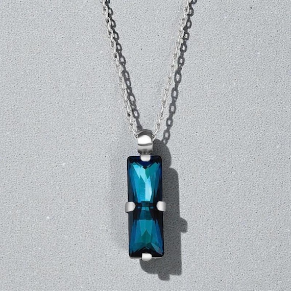 Blue Baguette Crystal Pendant Necklace – Sterling Silver Chain, Minimalist Women’s Jewelry